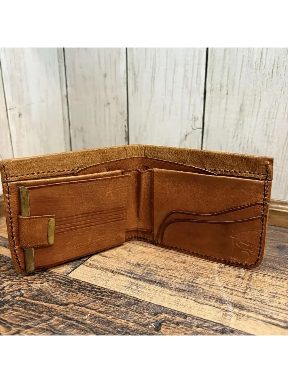 Vintage Ostrich Leather Men's Bifold Wallet w/Photo Folio Light Brown Handmade